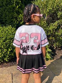 SHEIN 2pcs/Set Young Girl Letter & Number Pattern V-Neck Loose Casual T-Shirt And A-Line Skirt - Pink - View 3