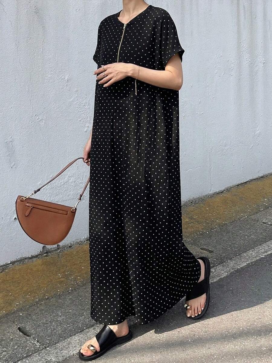FRIFUL 女士金属拉链休闲纯色宽松夏季短袖连衣裙,适合度假和毕业典礼穿着 - 黑色 - 查看 1