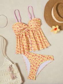 Swim Mod Bộ bikini mùa hè dành cho nữ, họa tiết nhiều màu sắc ngẫu nhiên, dây mảnh và cúp ngực tam giác, đồ bơi và trang phục đi biển. - Màu vàng - Xem 4