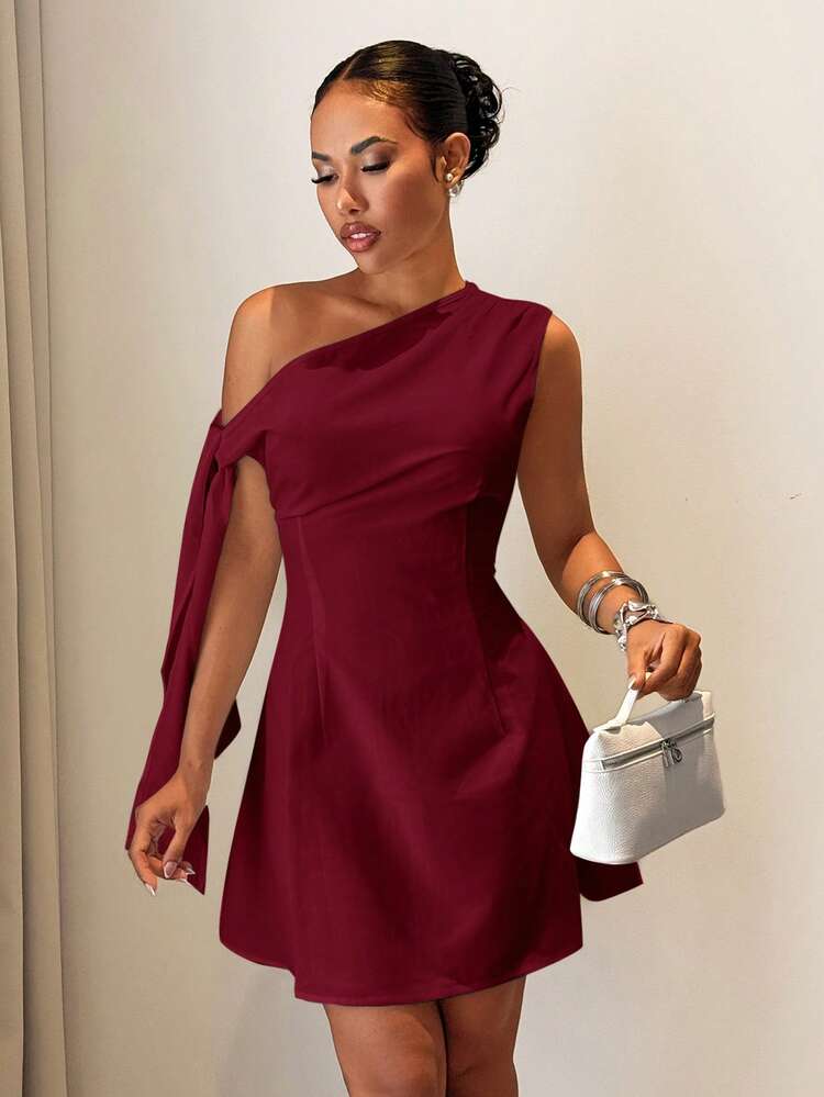 Slaydiva Women's Burgundy Elegant Summmer Party Night One-Shoulder Tie-Waist A-Line Mini Dress,Vacation Fitted White Commuting Wedding Guest Attire Beach Boho - Burgundy - View 7