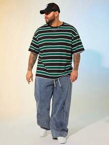 EASEVO Men Plus Size Casual Striped Contrast Color Round Neck Short Sleeve T-Shirt, Summer Daily Wear, Vacation, Father's Day Gifts, Football - Multicolor - View 5