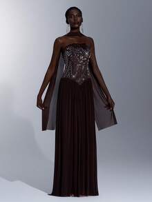 Elitara Elegant Minimalist Asymmetric Pleated Rhinestone Embellished Sexy Ruffle Hem Strapless Maxi Dress (Detachable Strapless), Formal Evening Gown - Coffee Brown - View 1