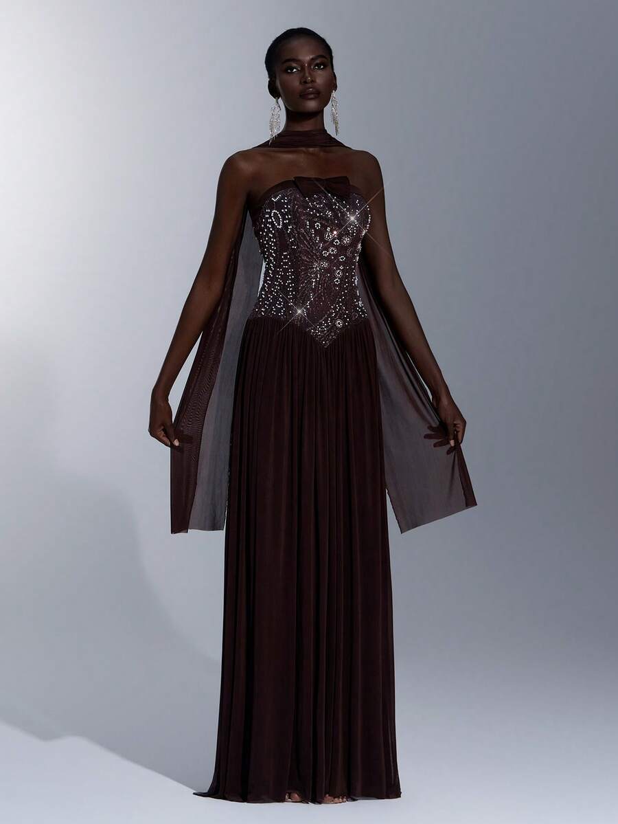 Elitara Elegant Minimalist Asymmetric Pleated Rhinestone Embellished Sexy Ruffle Hem Strapless Maxi Dress (Detachable Strapless), Formal Evening Gown - Coffee Brown - View 1