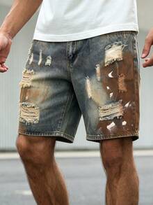 Manfinity LEGND Quần short denim rách, vẽ họa tiết, unisex - Màu xanh lam - Xem 8
