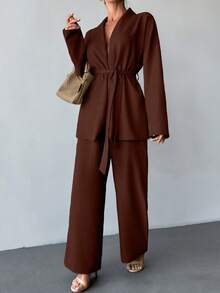 EURMUSE 2 Pieces Set, With Belt Detail, Comfortable Outfit, Suitable For Home And Outdoor Wear - Chocolate Brown - View 3
