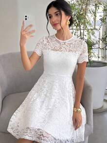 SHEIN 少女白色薄纱蕾丝边雪纺中长连衣裙，适合派对、节日、婚礼、毕业典礼、母亲节等场合，优雅喜庆。 - 白色 - 查看 4