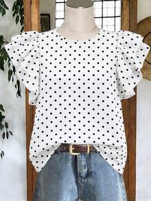 EMERY ROSE Women's Spring/Summer New Arrival Polka Dot Print Pattern Round Neck Ruffle Sleeve Casual Versatile T-Shirt - Multicolor - View 4