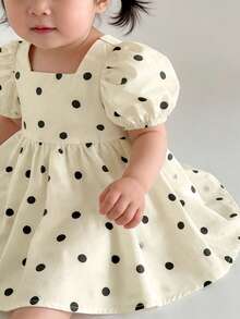 Loomiva Baby Girl Polka Dot Pattern Square Neck Petal Sleeve Cinched Waist Dress - Beige - View 4