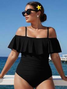 Swim Vcay Plus Size Ribbed Detachable Adjustable Strap Off-Shoulder Flare Sleeve Ruched High-Cut Swimsuit,Black,Summer,Formal,Tropical,Beach,Evening,Holiday - Black - View 1