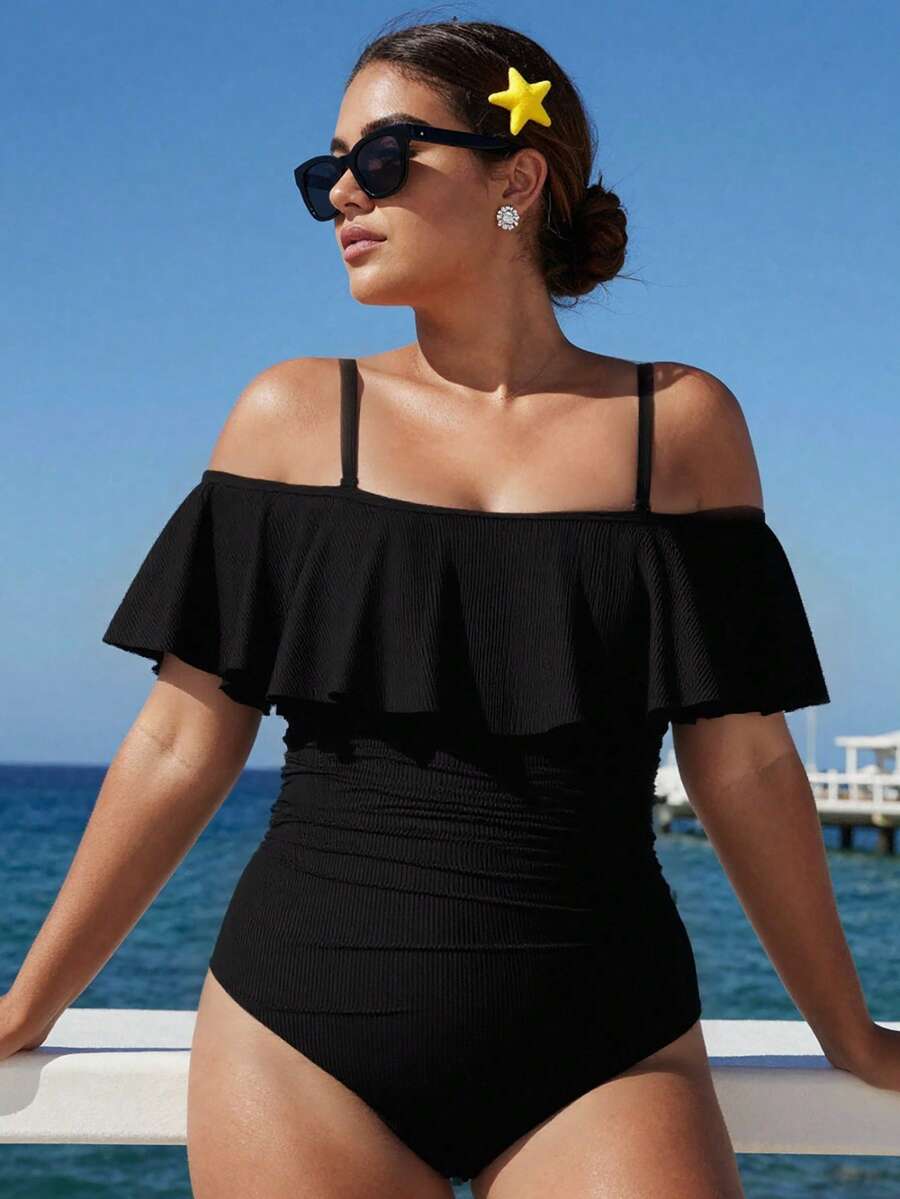 Swim Vcay Plus Size Ribbed Detachable Adjustable Strap Off-Shoulder Flare Sleeve Ruched High-Cut Swimsuit,Black,Summer,Formal,Tropical,Beach,Evening,Holiday - Black - View 1