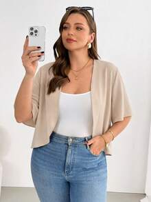 Basic Black Short-Sleeved Cardigan, Versatile And Comfortable For Everyday Wear, Plus Size Women's Casual Fashion, Summer Coats, Going-Out Blouses, Office Wear, Vacation Wear - 米色 - 查看 4