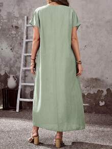 EMERY ROSE Plus Size Women's Sage Green Summer Boho Vacation Dress,Round Neck Short Sleeve Loose Fit Flowy Long Dress With Pockets,Casual Spring Holiday Outfits - Mint Green - View 3