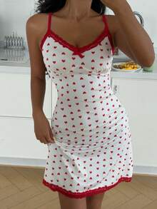 ZzzCrew Đầm slip ren phối họa tiết trái tim dành cho nữ - Đỏ và trắng - Xem 3