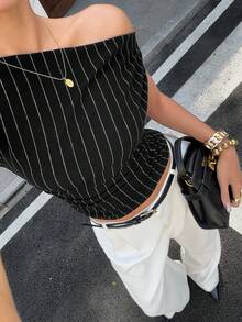 Siren Gaze Women's Casual Striped Print Asymmetrical Neck Fitted Cropped Tank Top, Suitable For Summer Daily Commute - Black - View 5