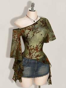 SHEIN ICON Women's Flocked Plant Print Asymmetric Neck Short Sleeve Top - Multicolor - View 4