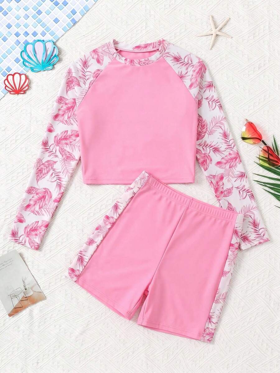 SHEIN Set Baju Renang Atasan dan Celana Pendek Lengan Raglan Motif Tanaman Tropis untuk Remaja Perempuan - Berwarna merah muda - View 1