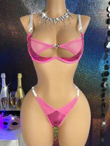MidnightGlam 2pcs Rhinestone Bow Splice Shiny Coating Hollow Underwire Supportive Bra Set For Women - Pink - View 8
