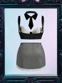 Fantasy Costume Fantasy Costume 3件套性感蕾丝格子秘书角色扮演内衣套装 - 黑與白 - 查看 7