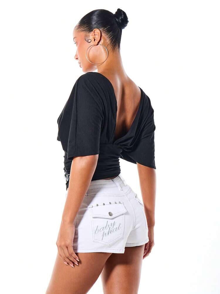 BABYPHAT Black Wrap V-Neck Short Sleeve Ruched Crop Top With Tie Detail For Casual Summer Fashion