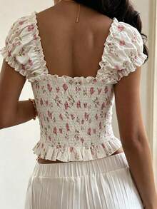 Elegante camisa de mujer con bordado floral en jacquard, disponible en múltiples colores, con diseño de cintura entallada y volantes - Blanco - Ver 5