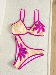 Swim Mod Floral Print Circular Decor Spaghetti Strap Bikini Set - Multicolor - View 5