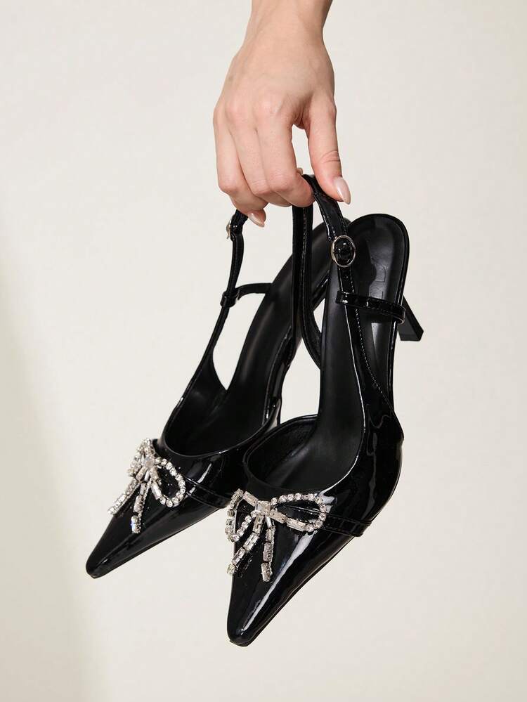 CUCCOO CHICEST Spring And Summer New Design Wine Glass Heel High Heel Bow Diamond Buckle Romantic Elegance Temperament Simple Sexy Women Black Patent Leather Material Slingback Ankle Strap High Heel Shoes Slingbacks Dress Shoes Dating Afternoon Tea Party Valentine's Day Elegant Wear