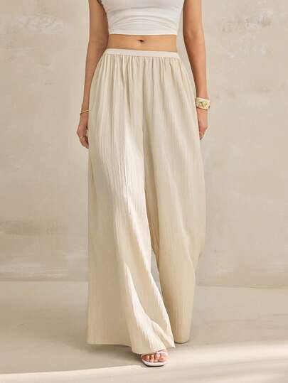 SHEIN Tall Women's Solid Color Pleated Casual Versatile Wide Leg Pants For Daily Wear