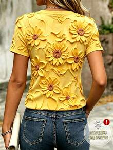 SHEIN LUNE 女士户外休闲运动上衣，夏季新品，户外休闲服，黄色，花卉3D刺绣设计，女士短袖T恤 - 彩色 - 查看 2