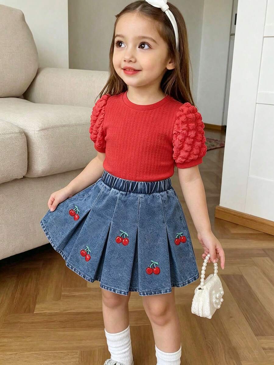 Elladie kids 女童红色圆领短袖T恤和樱桃印花牛仔裙套装 - 紅色 - 查看 1