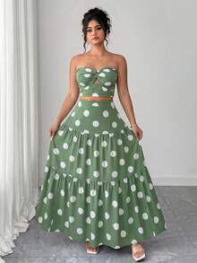Elenzga Conjunto de 2 piezas talla grande: Top bandeau azul elegante con nudo y falda maxi plisada, estilo de vacaciones para el verano - verde menta - Ver 1