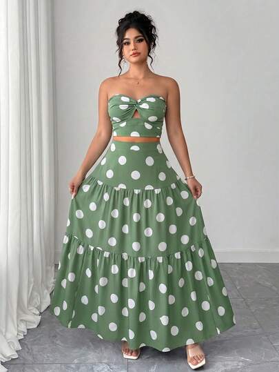 Elenzga Conjunto de 2 piezas talla grande: Top bandeau azul elegante con nudo y falda maxi plisada, estilo de vacaciones para el verano