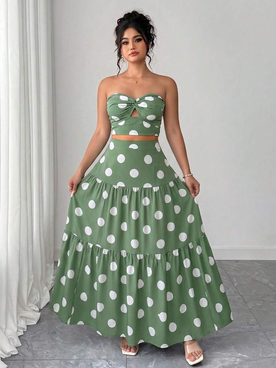 Elenzga Conjunto de 2 piezas talla grande: Top bandeau azul elegante con nudo y falda maxi plisada, estilo de vacaciones para el verano - verde menta - Ver 1