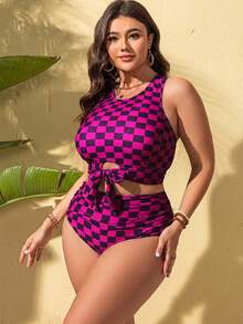 Swim Lushoire Bộ đồ bơi hai mảnh có đệm mút, họa tiết kẻ caro, cỡ lớn dành cho nữ. - Màu Hồng Tươi - Xem 5