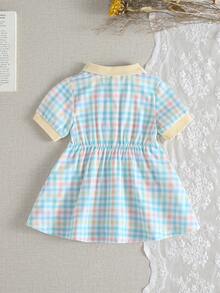 SHEIN 女童格子 Polo 连衣裙，刺绣小马图案，撞色领短袖婴儿连衣裙，夏季 - 淺綠色 - 查看 3