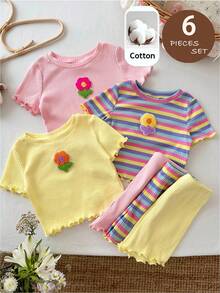 LMoss Kids Conjunto de 6 piezas de camiseta con cuello redondo y pantalones cortos de bebé niña con rayas y flores 3D tejidas de color sólido - Multicolor - Ver 4
