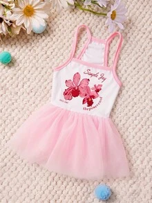 PETSIN 1 chiếc váy cho thú cưng bằng vải gạc màu hồng in chữ hoa mộc lan đỏ, mềm mại và thoáng khí, chống rụng lông. - Hồng - Xem 1