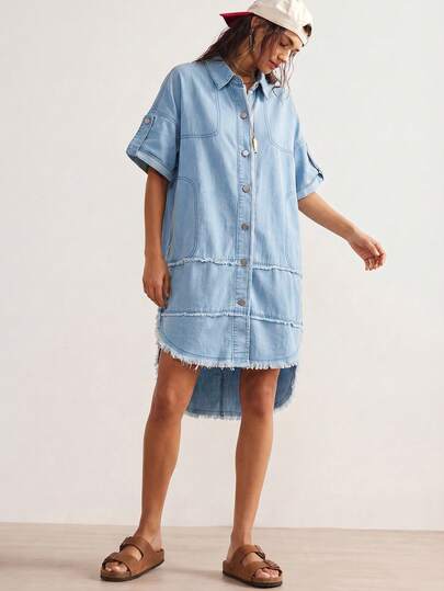 Bohemela Women's Single-Breasted Fashionable Versatile Front Short Back Long Fringe Hem Short Sleeve Denim Dress