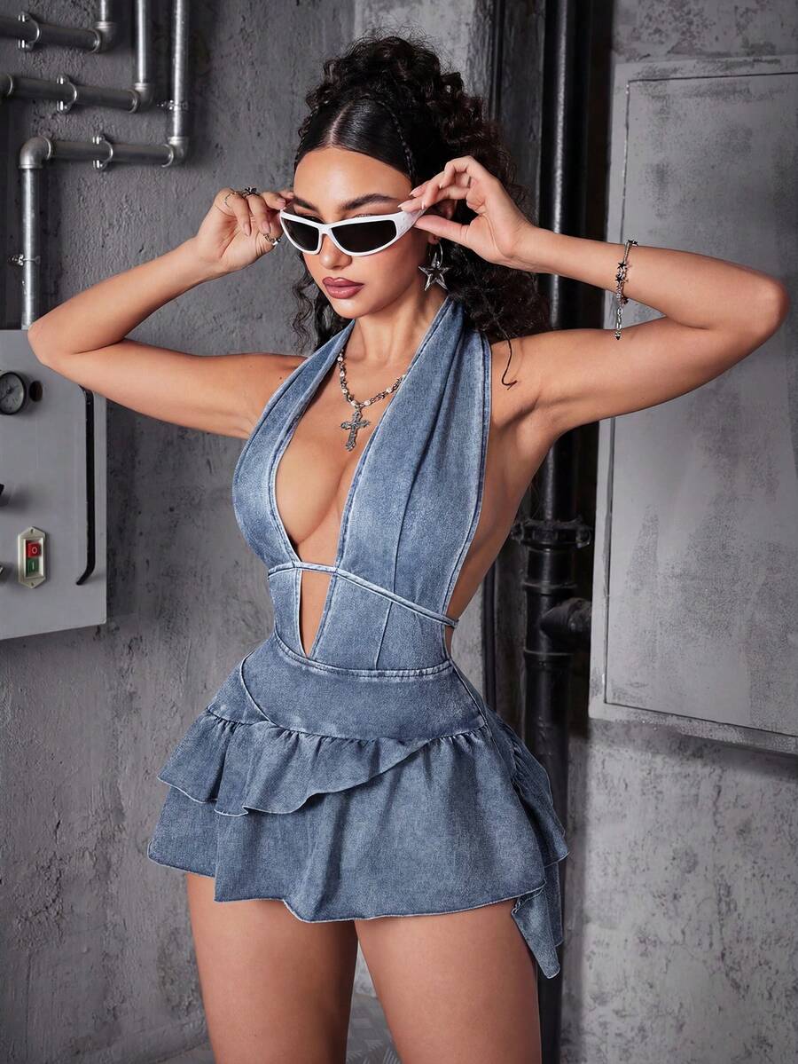 SHEIN ICON 女士性感时尚街头风深V领露背系带腰身牛仔连衣裙,夏季 - 霧霾藍 - 查看 1