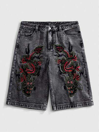 ROMWE MEN Men's Denim Shorts, Vintage Snow Wash Denim Shorts, Oversized Chinese Dragon Embroidery Casual Bermuda Shorts, Men's Hip Hop Street Style Loose Knee-Length Pants