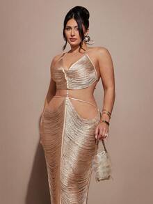 SHEIN BAE Đầm hở lưng màu mơ tua rua cỡ lớn với điểm nhấn ngọc trai, thích hợp cho bãi biển và kỳ nghỉ. - Màu be - Xem 4