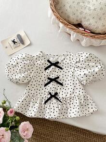 SHEIN 女嬰雪紡波點泡泡袖休閒上衣 - 黑與白 - 查看 4