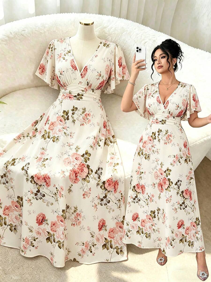 SHEIN Holidaya 女士优雅杏色碎花V领不对称荷叶袖修身大码连衣裙，春夏款 - 彩色 - 查看 1