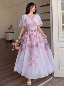 Modelyn 女士V领披肩式设计收腰喇叭形印花雪纺连衣裙 - 紫色 - 查看 5