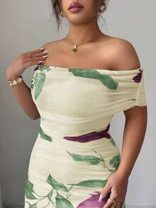 Modelyn Vestido formal con hombros descubiertos, volantes y estampado de malla para mujer de talla grande - Albaricoque - Ver 5