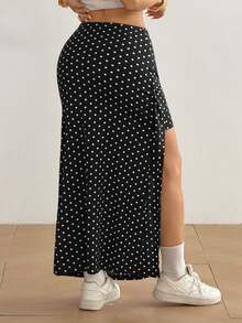 SHEIN EZwear Women's Beach Vacation Polka Dot Print High Slit Skirt, Spring/Summer - Black - View 2