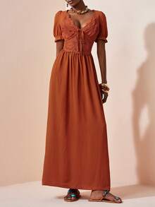 Zivah Đầm dài tay phồng bằng vải lanh kiểu Bohemian giản dị, thanh lịch, phối ren tương phản, kiểu dáng đi biển, thích hợp cho kỳ nghỉ hè, năm 2026. Đầm dài màu kaki, kiểu dáng Bohemian duyên dáng, thích hợp cho kỳ nghỉ. - Màu Cam san hô - Xem 7