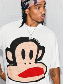 Paul Frank X SHEIN 男士卡通动物印花T恤和短裤休闲套装 - 白色 - 查看 6