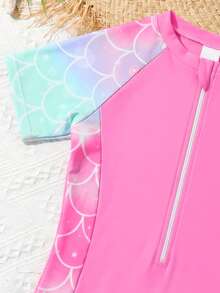 SHEIN Tween Girls Mermaid Scale Printed One-Piece Swimsuit,Pink Summer Cute Beach Holiday Short Sleeve Rashguard Rash Guard Set Swimming Suits For Teens - Pink - View 4