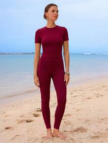 Swim Shayni Spring/Summer Fashion High-End Elegant Bandeau One-Piece Swimwear With Beach Sarong Skirt - Burgundy - View 4