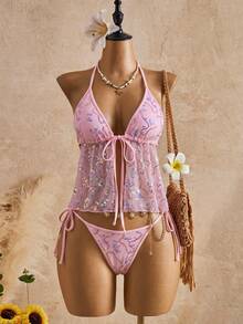 Bellisia Áo bikini hai dây hở lưng kiểu dây buộc cổ yếm dành cho nữ, thích hợp cho mùa hè. - Hồng - Xem 1